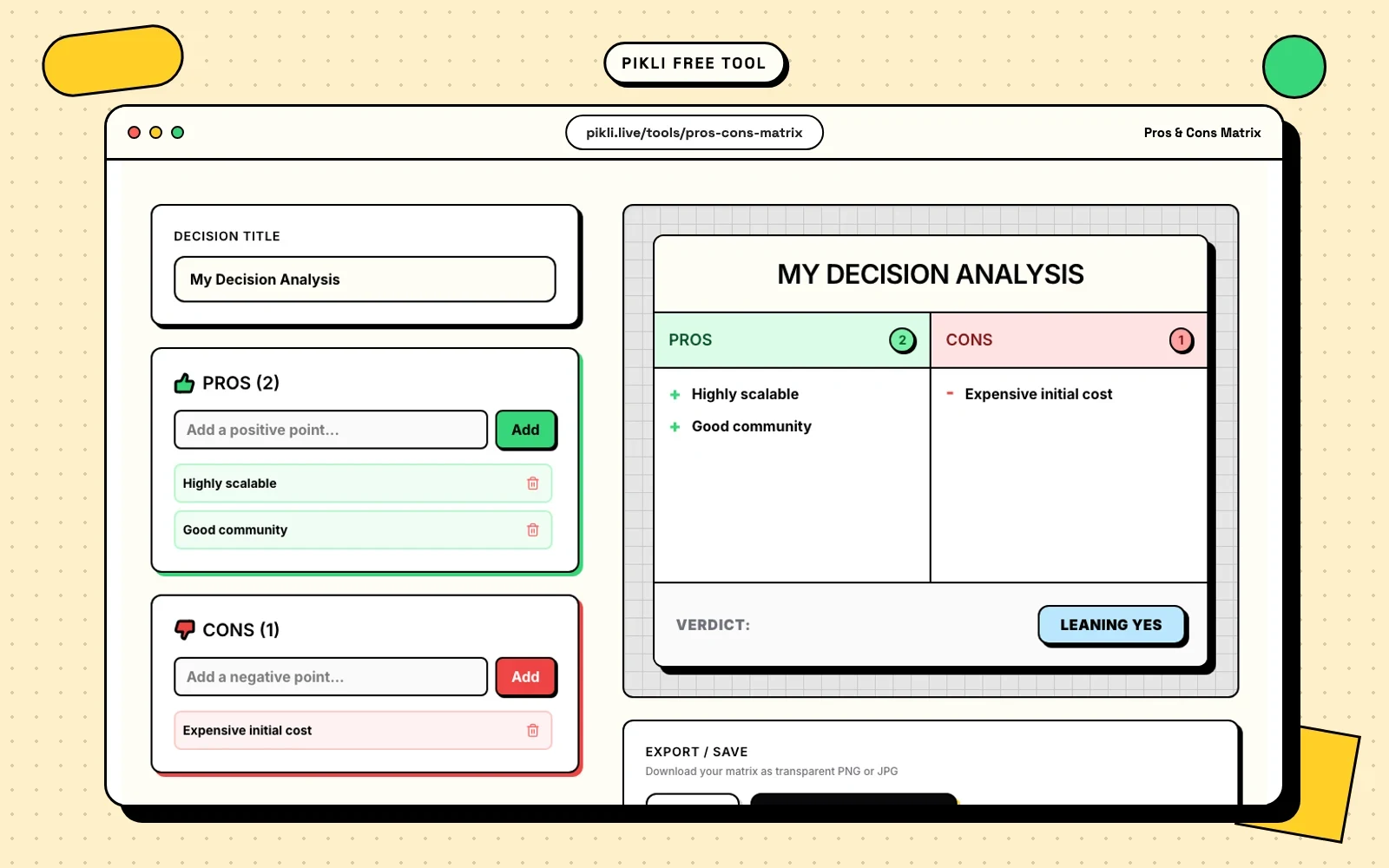 Pikli Pros and Cons Matrix comparing positive and negative decision factors
