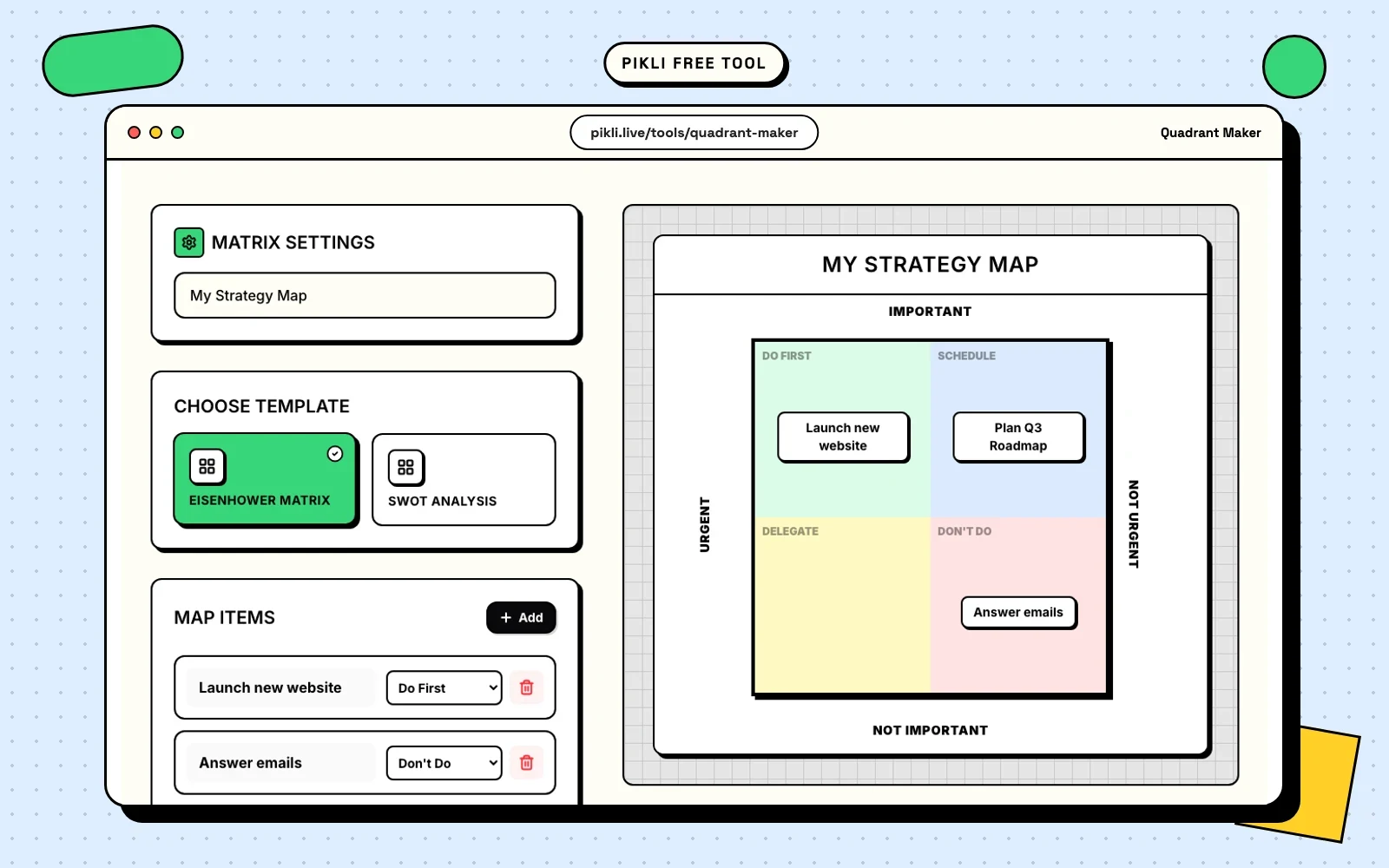 Pikli Quadrant Maker mapping strategic items on a two-axis matrix