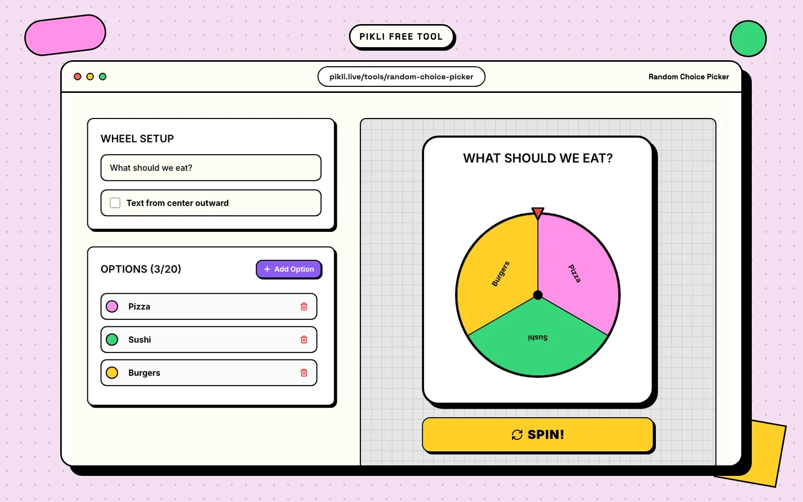 Pikli Random Choice Picker with editable options and a colorful decision wheel