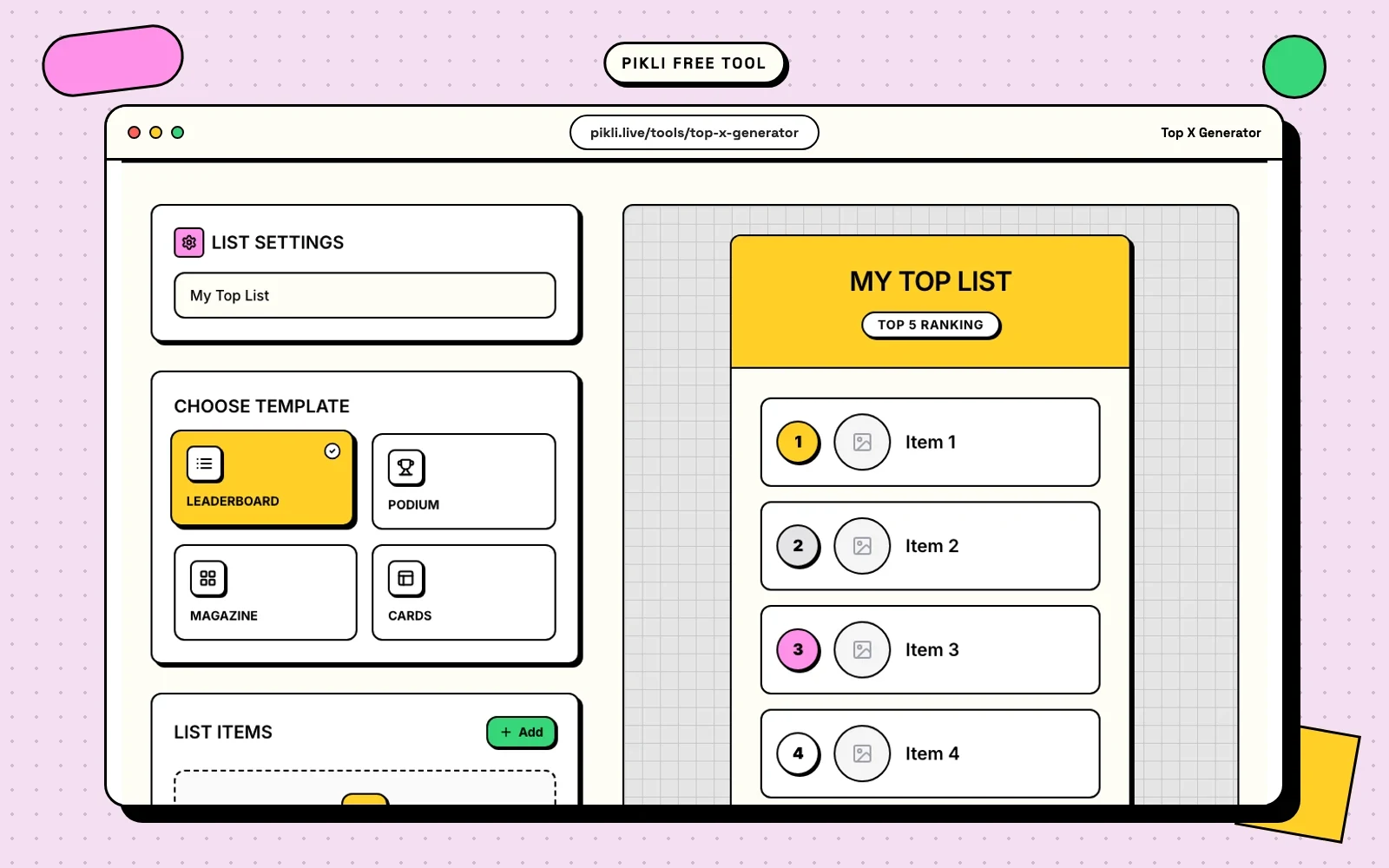 Pikli Top X Generator creating a polished visual ranking